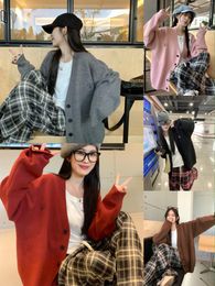 Women's Knits Red Soft Glutinous Knit Sweater Cardigan Jacket Autumn And Winter Style Outerwear Embroidery Lazy Loose Top