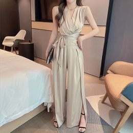 Women's Jumpsuits Rompers Fashion Jumpsuit Women High Waist Solid Colour Ladies Jumpsuit Lace Up Bandage Sexy Strapless Sleeveless Overalls Office Lady 230426