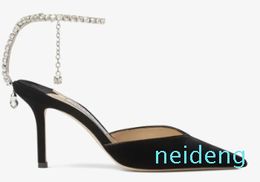 Bride high heels Women dress Sandals pump comfortable mm heel shoes Saeda sexy pointe toe sling back strass ankle strap chain rhinestone