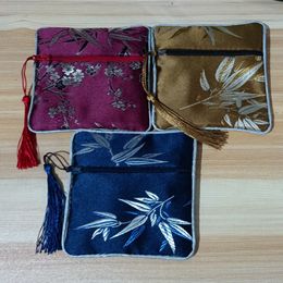 Custom Bamboo Small Zip Jewellery Pouches Coin Purses Wholesale Tassel Chinese Silk Brocade Bracelet Gift Bags 50pcs/lot