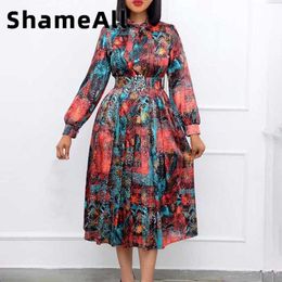 T-Shirt Women Plus Size Snake Skin Print Bow Tie Long Sleeve Midi Long Dress 4XL Summer High Waist with Belt African Satin Rayon Robes