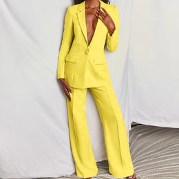 Women's Suits Blazers Two Piece Women Business Blazer Set Office Lady Solid Colours Formal Suits with Buttons Pink Yellow Commute Blazer Pants Set 230426