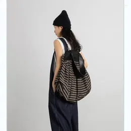 School Bags Korea Vintage Nylon High-Capacity Women Tote Bag Casual Striped Soft Bucket Y2k Shopping Shoulder Transport Backpack