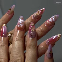 False Nails Y2k Press On Pink Purple Gradient Almond Sky Clouds Nail Art Star Moon Diamond Charms Designs Fake Finished