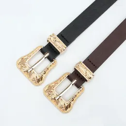 Belts Retro Carving Gold Buckle Belt Women Fashion Thin Pu Black Metal Female Jeans Dress Waistband 2024