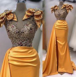 2023 April Aso Ebi Mermaid Yellow Prom Dress Crystals Beaded Satin Evening Formal Party Second Reception Birthday Engagement Gowns Dress Robe De Soiree ZJ649