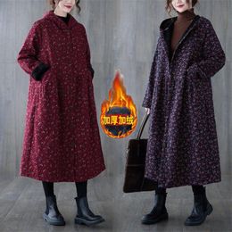 Raincoats Women Fleece Autumn And Winter Cotton And Linen Jacket Small Floral Plus Velvet Warm Hooded Windbreaker Coat Long Abrigos M1547