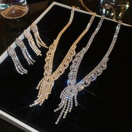 Pendant Necklaces 2-Piece Set Zircon Tassel Stud Earrings Necklace Real Gold Plating Sweater Clavicle Women