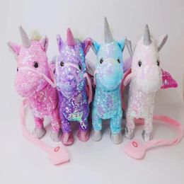 Plush Dolls Cute Sequined Unicorn Toy Leash Pegasus Doll Walking and Singing Electric Bright Color Dragon Horse Kid Gift 231124