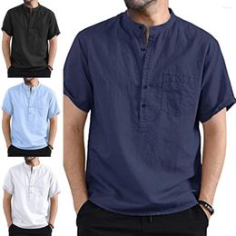 Men's Casual Shirts Men Shirt Breathable Stand Collar Short Sleeve Tops Solid Colour Loose Summer Men's Clothing For Daily Life