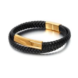 Tennis Bracelets HAOLYNJOY Vintage Double Layer Woven Genuine Leather Bracelet Men 22cm Stainless Steel GoldBlack Jewelry