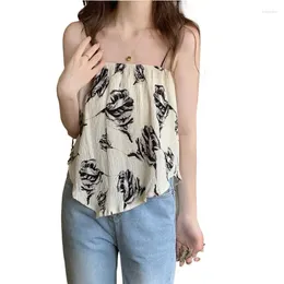 Women's Tanks 2023 Summer Print Camis Top For Women Rose Pleated Irregular Designer Clothes Holiday Beach Tops Grunge Y2k Plus Size