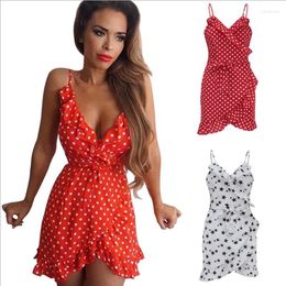 Casual Dresses YX-8053 Women Summer Polka Dot Spaghetti Strap Irregular Dress V Neck Flare Sleeve Flounce Asymmetric Hem Vestido