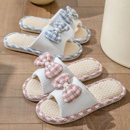 Slippers 2023 Women's Soft Flat Non-slip Home Sweet Plaid Bowknot Slides Shoes Breathable Linen Cotton Fabric