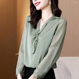 Women's Blouses Long Sleeve Women Shirts Solid Blusa Mujer Moda 2023 Elegant Ruffles Satin Tops Feminina