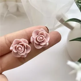 Stud Earrings Cute Resin Rose 3D Carved Pink Flower Jewelry Xmas Gifts For Women Girls Party Post