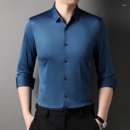 Men's Casual Shirts Blue Smooth Stretch Mens Clothing 2023 Gents Business Work Men Silk Cozy Elastic Blouse Large Size Burgundy Dress