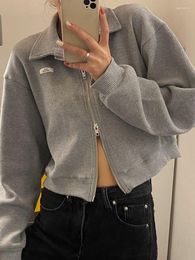 Women's Hoodies Deeptown Gray Zip Up Women Korean Fashion Oversize Long Sleeve White Sweatshirts Female Y2K Solid Crop Tops Cardigan