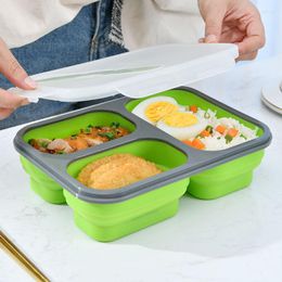 Dinnerware Sets 1100ml 3 Cells Collapsible Silicone Bento Box Storage Containers Lunch Space Saving For Home Travel School Office Bowl