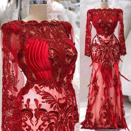 2023 April Aso Ebi Red Mermaid Prom Dress Feather Lace Beaded Evening Formal Party Second Reception Birthday Engagement Gowns Dress Robe De Soiree ZJ661