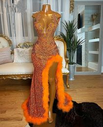 Orange Sequin Prom Dresses Sparkly Rhinestone Split Feathers Evening Dress Sheer Neck Black Girls Party Gowns