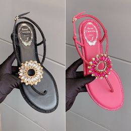 sunflower Crystal embellished sandals flats shoes Buckle strap rhinestone Flip flops slides Rose Luxury designer sandals for women Holiday Walking shoes With box