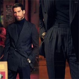 Men's Suits Fashion Stripe Suit For Men Double Breasted Business Office Male Blazer Slim Fit Wedding Groom Tuxedos 2 Piece Hombre