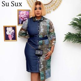 Dresses Plus Size Denim Lace Patchwork Dress Women Office Lady Jeans Turn Down Collar Bodycon Dress Vestidos African Clothes 2021 Autumn