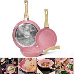 Pans 1PC3Pcs Flat Bottom Pan Pink NonStick Pot for Gas Stoves and Induction Cooker Stainless Steel Frying Pancake Egg Steak 231124