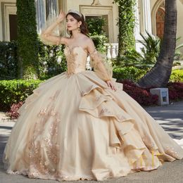 Sparkly Champagne Princess Quinceanera Dresses Applique Lace Beads Long Sleeved Ball Gown Sweet 15th Dress Prom Lace-Up