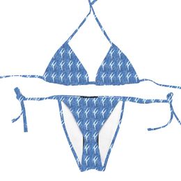 Womens Backless Swimwear Letters Printed Bathing Suit Sexy Split Bikinis Set Fashion Halter Swimsuit