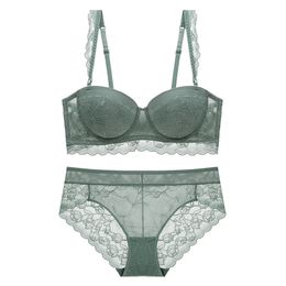 Bras Sets Lace Half Cup Bra with Removable Straps Push Up Bra and Panties Set Underwear Women Lingerie White Black Green 230426