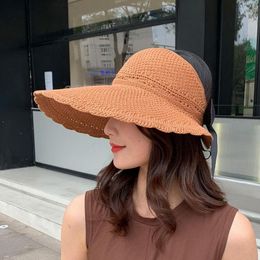 Wide Brim Hats Foldable Summer Women's Sun Hat Bucket Cap Beige Lace Bowknot Flowers Ribbon Flat Top Panama Soft Straw Beach Caps