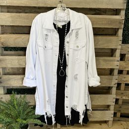 Women's Trench Coats White Denim Coat Women Jacket Long Turn Down Collar Jeans Ripped Sleeve Tops Casual Jean Button Up Top