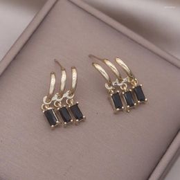 Dangle Earrings 14K Gold Plated Korea Design Fashion Jewellery Three Layers Tassel Black Zircon Earring Elegant Women's Daily Work Accessories