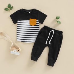 Clothing Sets 2023 Toddler Kids Boys 2 Pieces Outfits Stripe Round Neck Short Sleeve T-Shirt Solid Colour Long Pants Summer Set