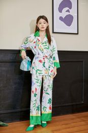 Women's Sleepwear Luxury Floral Print Women Pajamas 2 Pcs With Pants Oversize Ladies Satin Pyjama Spring Summer Silk Pijama Suit Loungewear