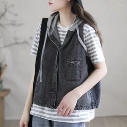 Women's Vests Vintage Denim Vest Women Casual Spring Autumn Hooded Embroidery Jeans Waistcoat Female Sleeveless Jacket Ladies Loose Coat