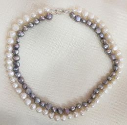 Chains 2 Rows 11mm White 9mm Gray Flat Baroque Pearl Necklace Real Natural Freshwater Women Jewelry 43cm 17''