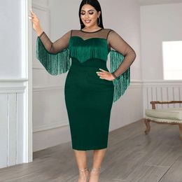 Plus size Dresses Plus Size Summer Women Dress See Through Sleeve Tassel Patchwork Clothing Sexy Fringe Mesh Outfit Evening Party Gowns 230425