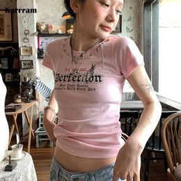 Women's T-Shirt Karrram Y2k Aesthetics Tops Harajuku Kawaii Pink T-shirt Grunge Letter Print Tshirt 2000s E-girl Punk Chian Tee Shirt Fairycore 230426