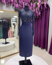 Navy Blue High Neck Mother Of The Bride Dresses Long Sleeve Beaded Tea Length Prom Gown Evening Vestidos Formal Dress