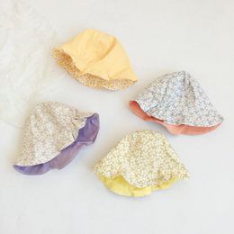 Wide Brim Hats 45-48CM Infant Bucket Hat Floral Macaron Coloured Cotton Caps Double Sided 0-2 Years Baby Summer Sun Chapeau Enfant