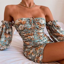 Casual Dresses K Summer Sexy Floral Dress For Women A-LINE Slim Mini Fashion Off The Shoulder Ladies Bow Strapless