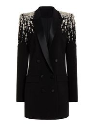 BSS01 Women's Jackets designer Blazer HIGH STREET Newest Designer Jacket Women's Double Breasted Rhinestone Diamonds Beaded Long Blazer Dress