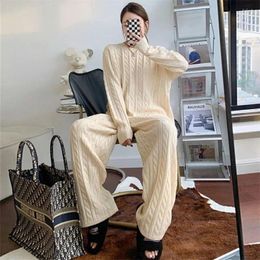 Women's Two Piece Pants Outfits 2023 Autumn And Winter Knitted Suit Lazy Loose Twisted Pullover Sweater Wide Leg Set Z2397