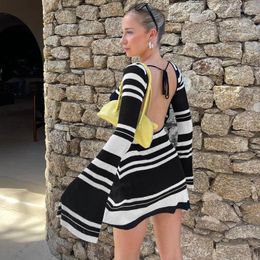 Casual Dresses Black And White Striped Sexy Backless Mini Autumn Club Party Flare Sleeve Sweaters For Women Beachwear 2023