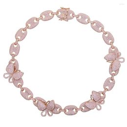 Chains Iced Out Pink Butterfly Charm Choker Necklace Micro Pave 5A Cz Coffee Beaded Chain 15" 16" Hip Hop For Women Lady