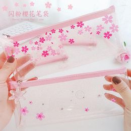 Japanese Cherry Blossom Transparent Pencil Case Female Ins Simple Junior High School Students Small Fresh Girl Heart