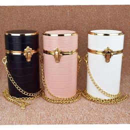 Evening Bags Pink PU Cylinder Shoulder Women Circle Black Chain Box Handbags Fashion Ladies Cross Body